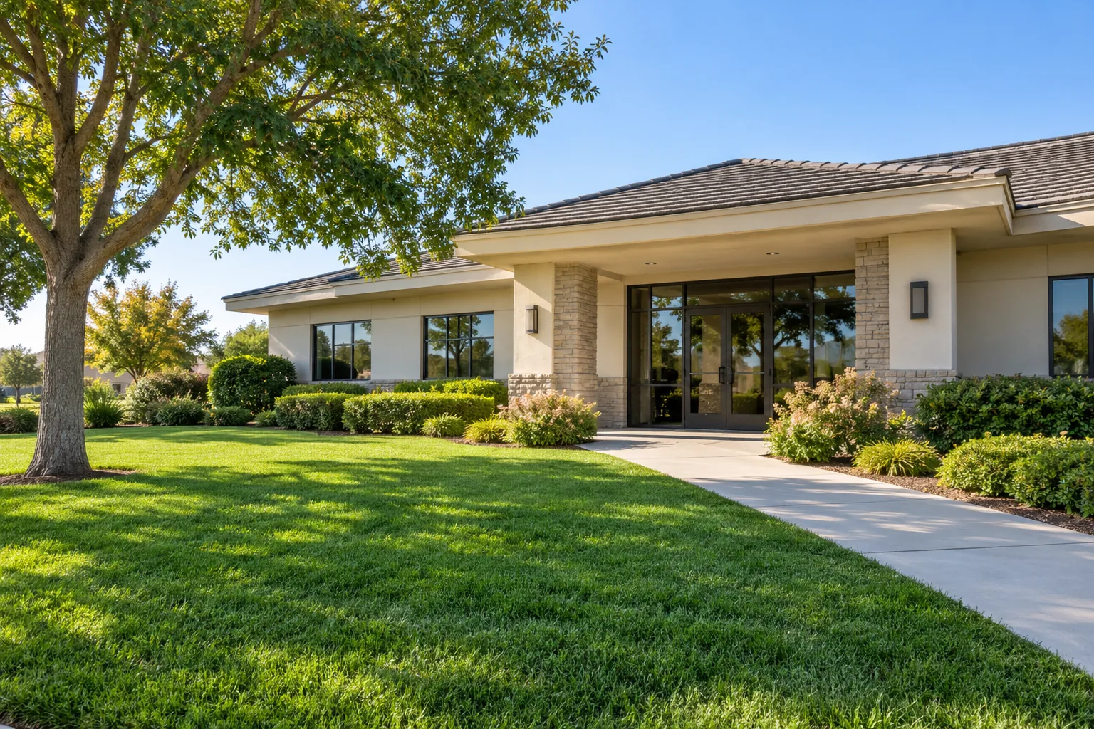 Commercial lawn care example: a maintained lawn at a small office property
