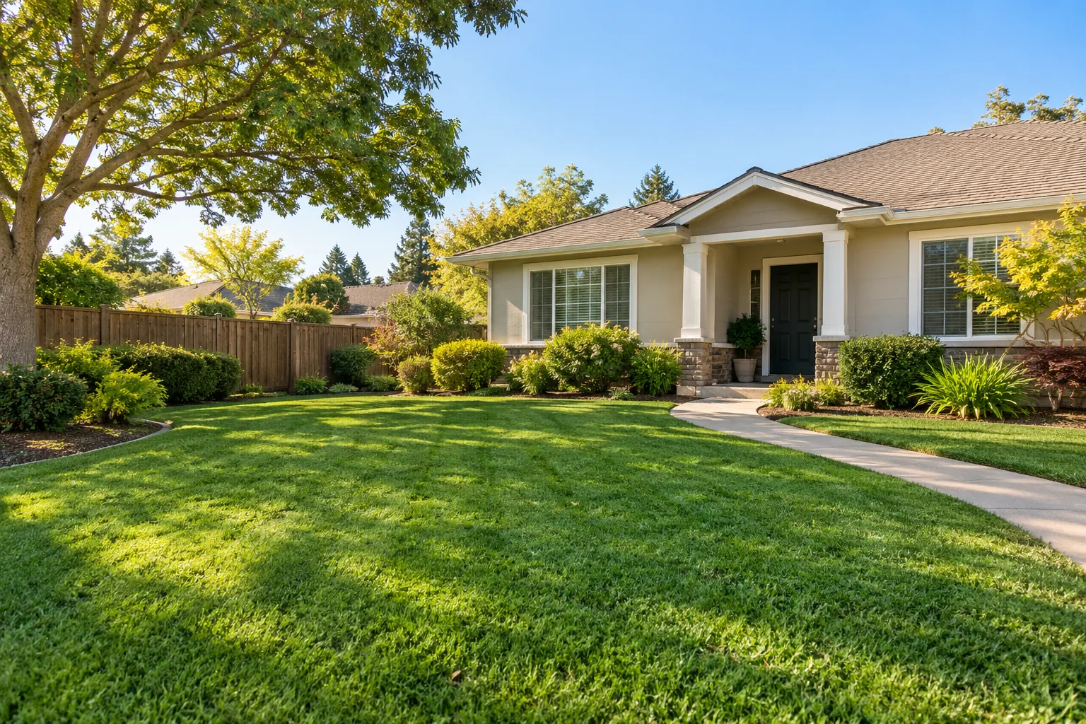 Regular lawn care example: a neatly mown green lawn with clean edges